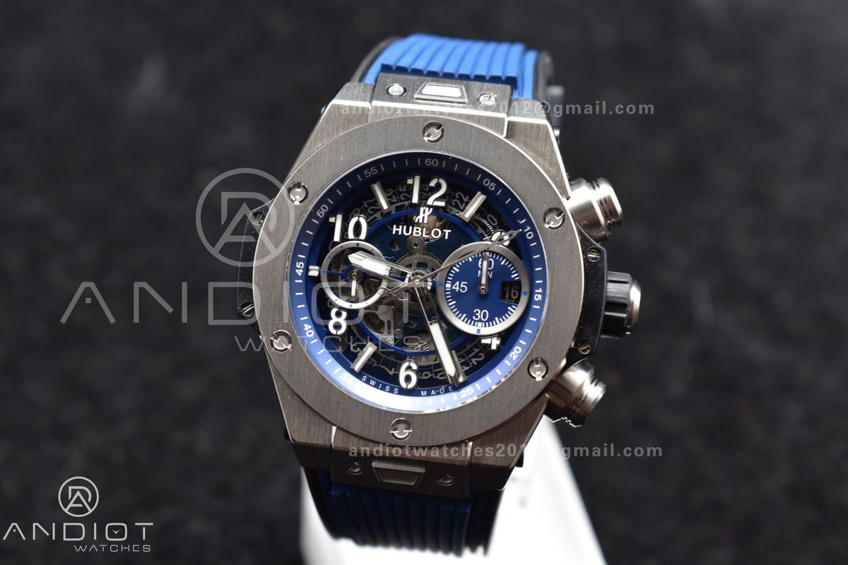 Hublot Big Bang Unico Titanium ZF 1:1 Best Edition Blue Skeleton Dial on Blue Rubber Strap A1280